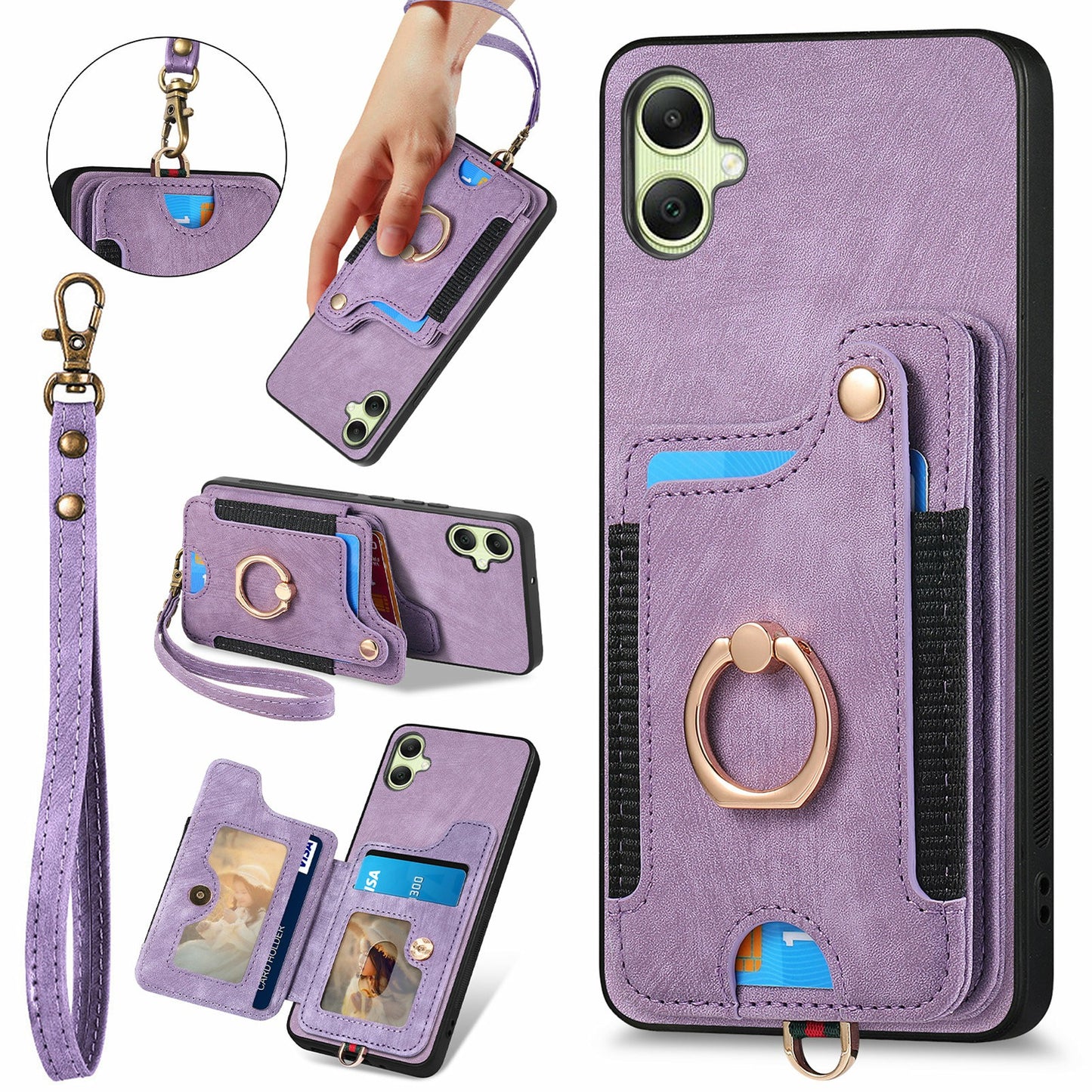 For Samsung Galaxy A06 Case RFID Blocking Handbag Leather+TPU Phone Cover Card Slots, Ring Holder - Purple