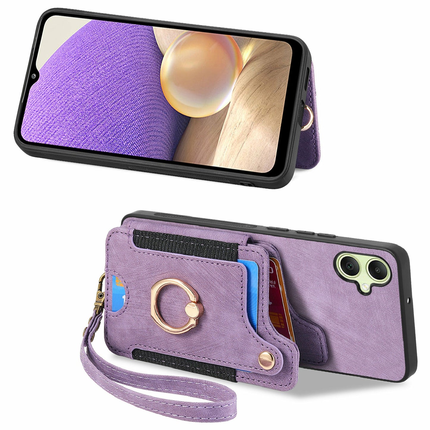 For Samsung Galaxy A06 Case RFID Blocking Handbag Leather+TPU Phone Cover Card Slots, Ring Holder - Purple