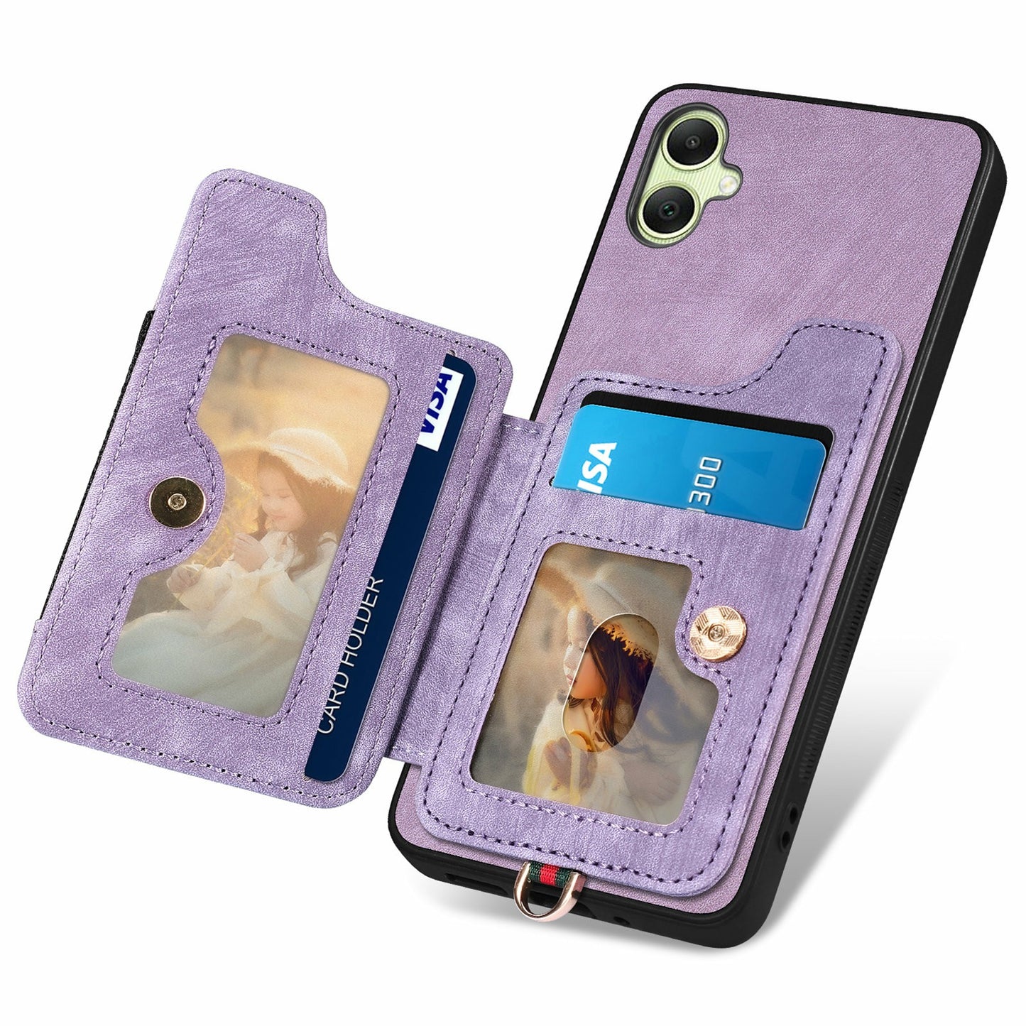 For Samsung Galaxy A06 Case RFID Blocking Handbag Leather+TPU Phone Cover Card Slots, Ring Holder - Purple