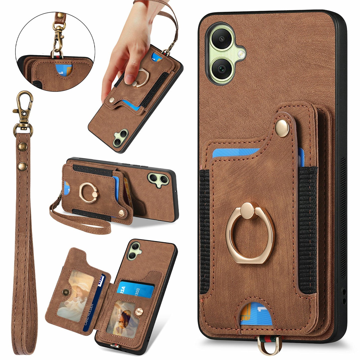 For Samsung Galaxy A06 Case RFID Blocking Handbag Leather+TPU Phone Cover Card Slots, Ring Holder - Brown