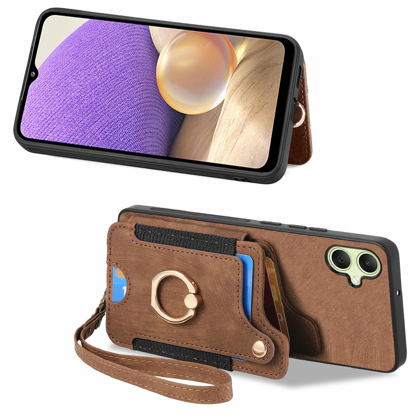 For Samsung Galaxy A06 Case RFID Blocking Handbag Leather+TPU Phone Cover Card Slots, Ring Holder - Brown