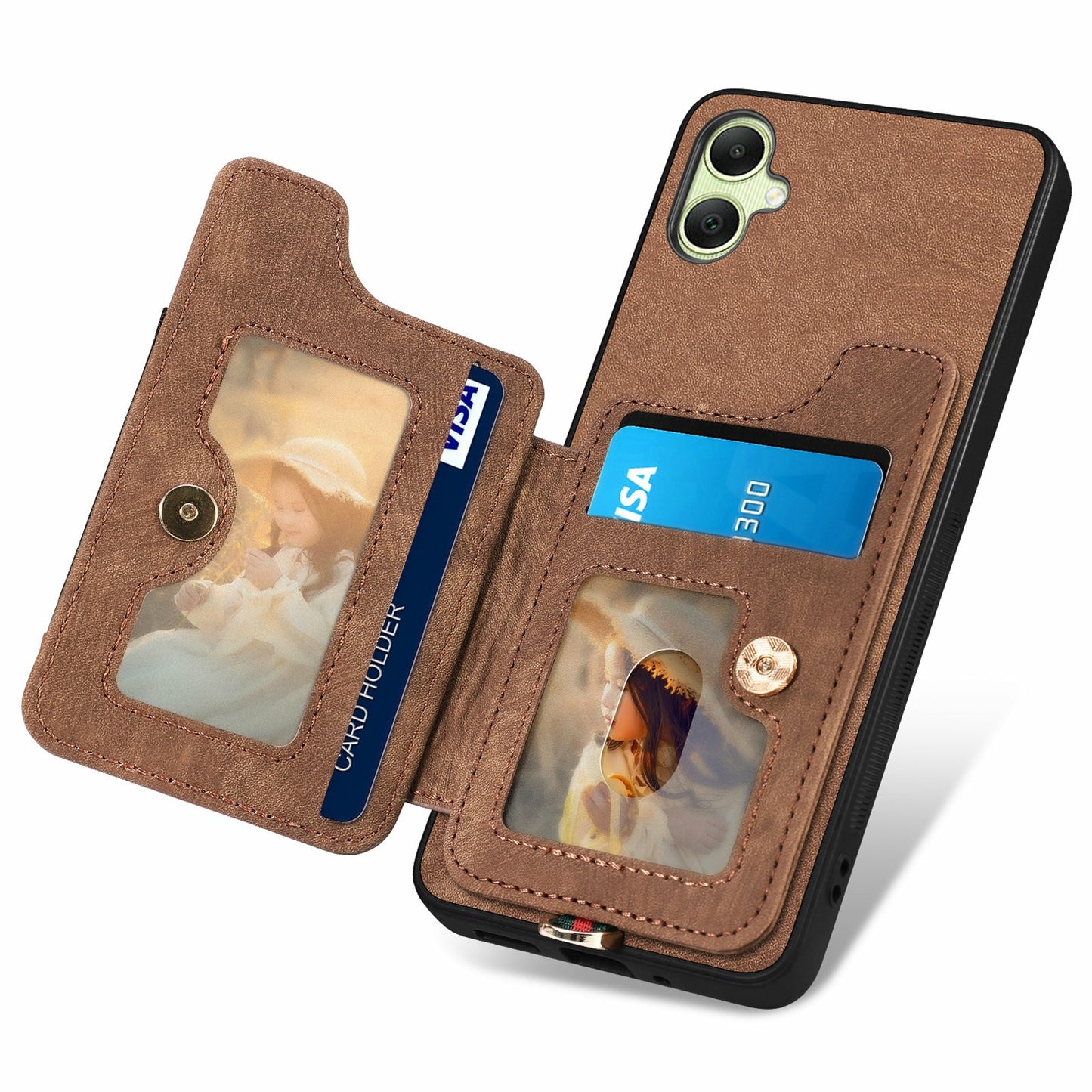 For Samsung Galaxy A06 Case RFID Blocking Handbag Leather+TPU Phone Cover Card Slots, Ring Holder - Brown
