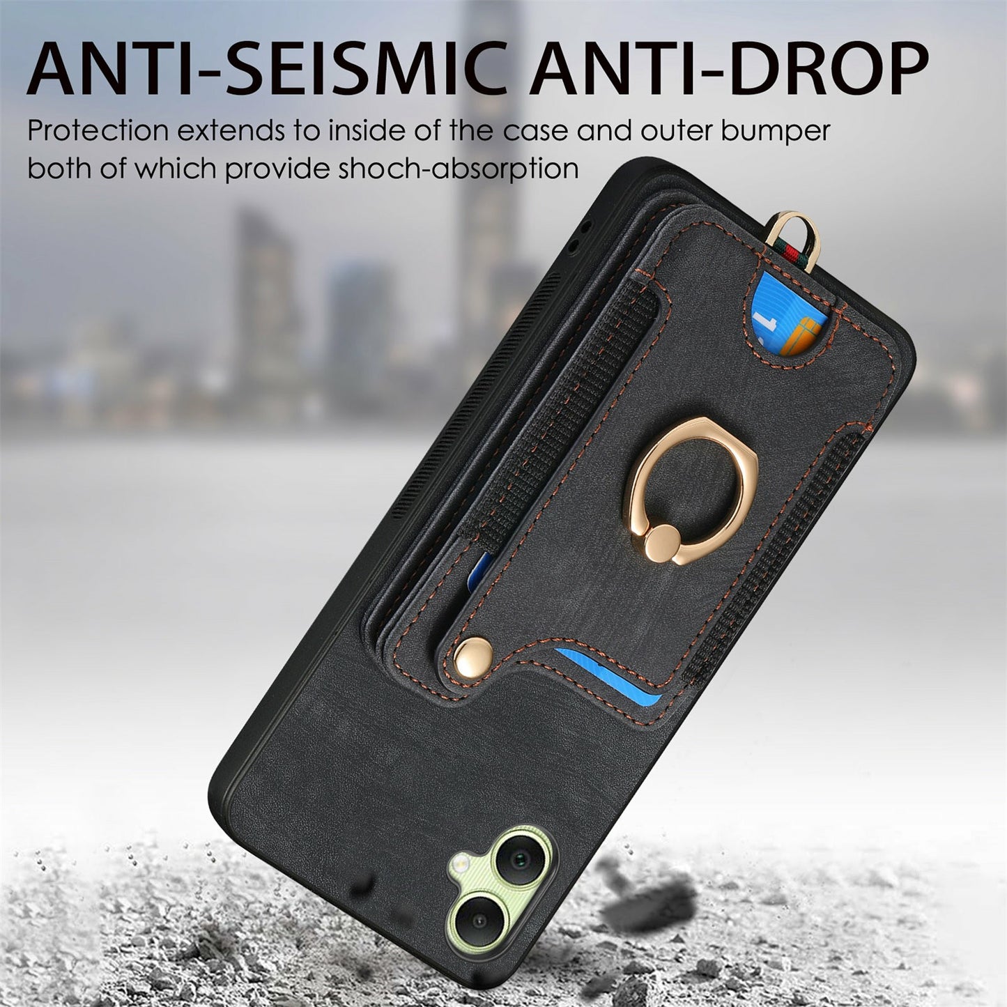 For Samsung Galaxy A06 Case RFID Blocking Handbag Leather+TPU Phone Cover Card Slots, Ring Holder - Brown