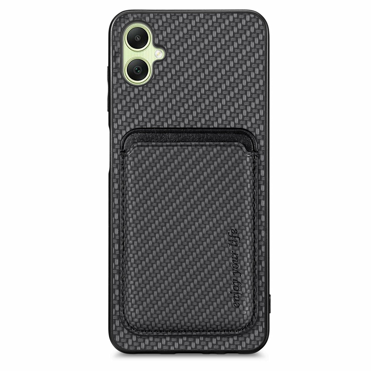 For Samsung Galaxy A06 Case Carbon Fiber Leather Back Cover with Detachable Card Bag - Black