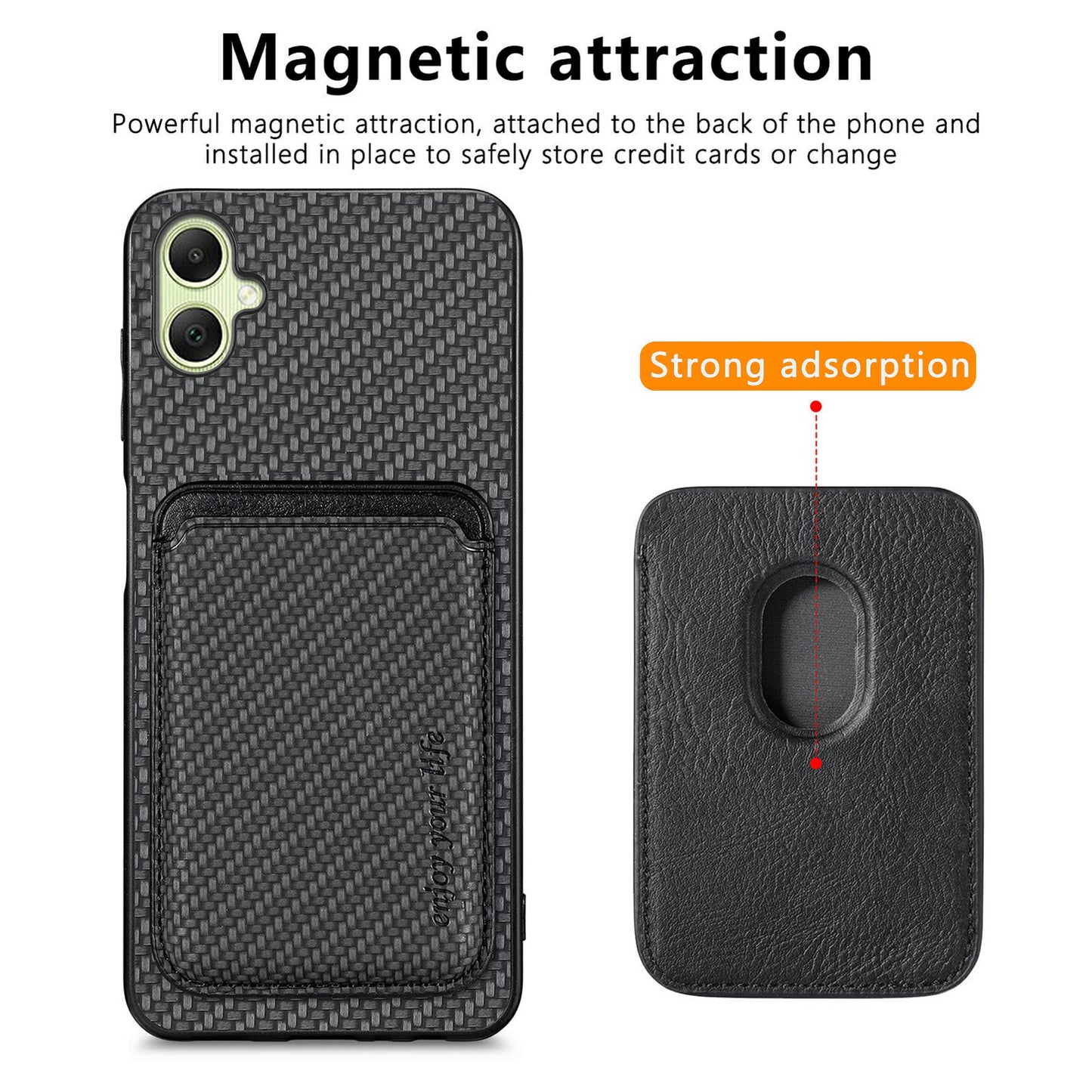 For Samsung Galaxy A06 Case Carbon Fiber Leather Back Cover with Detachable Card Bag - Black