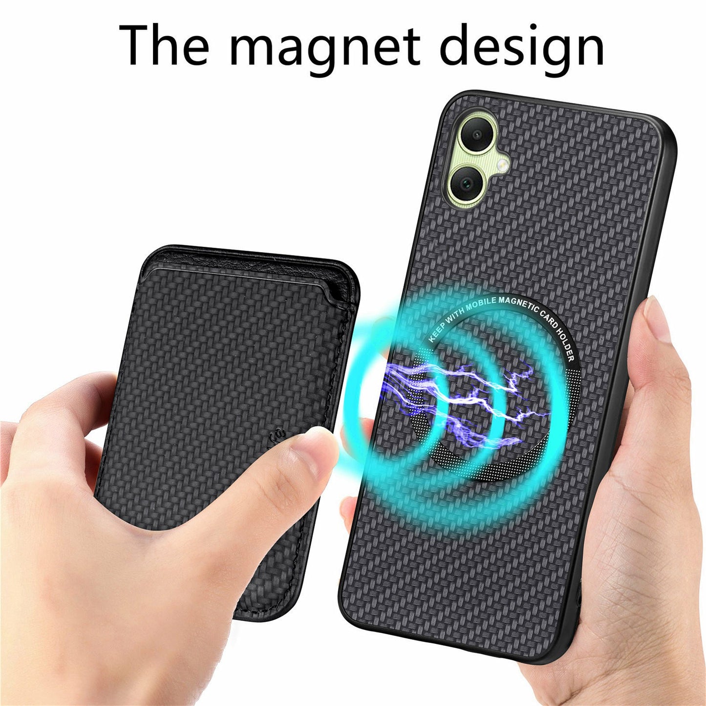 For Samsung Galaxy A06 Case Carbon Fiber Leather Back Cover with Detachable Card Bag - Black