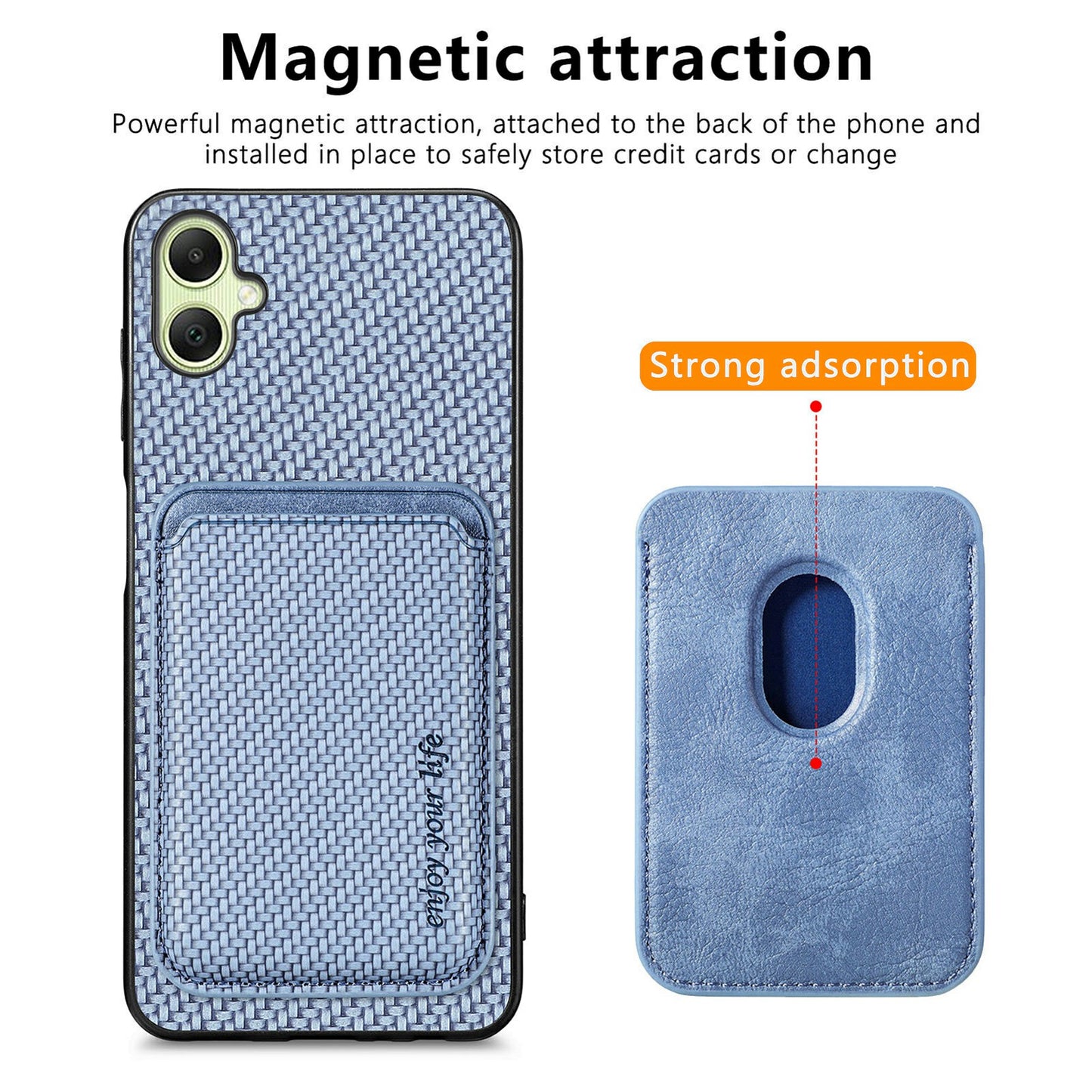 For Samsung Galaxy A06 Case Carbon Fiber Leather Back Cover with Detachable Card Bag - Blue