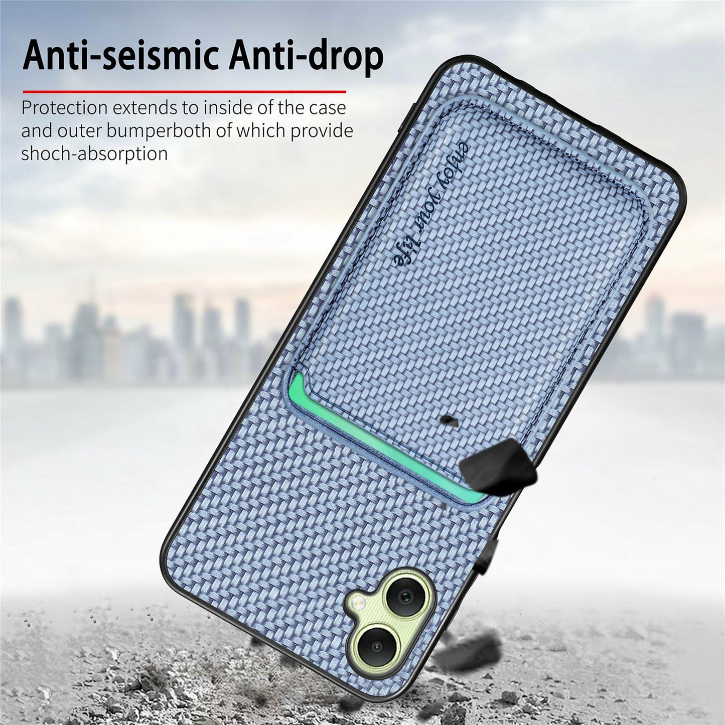 For Samsung Galaxy A06 Case Carbon Fiber Leather Back Cover with Detachable Card Bag - Blue