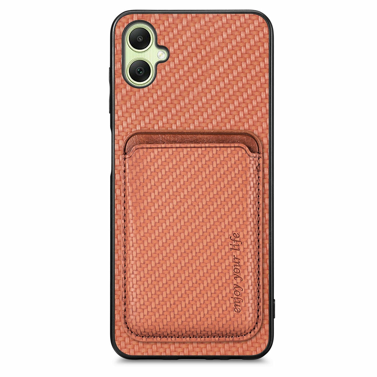 For Samsung Galaxy A06 Case Carbon Fiber Leather Back Cover with Detachable Card Bag - Brown