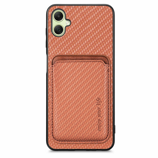 For Samsung Galaxy A06 Case Carbon Fiber Leather Back Cover with Detachable Card Bag - Brown