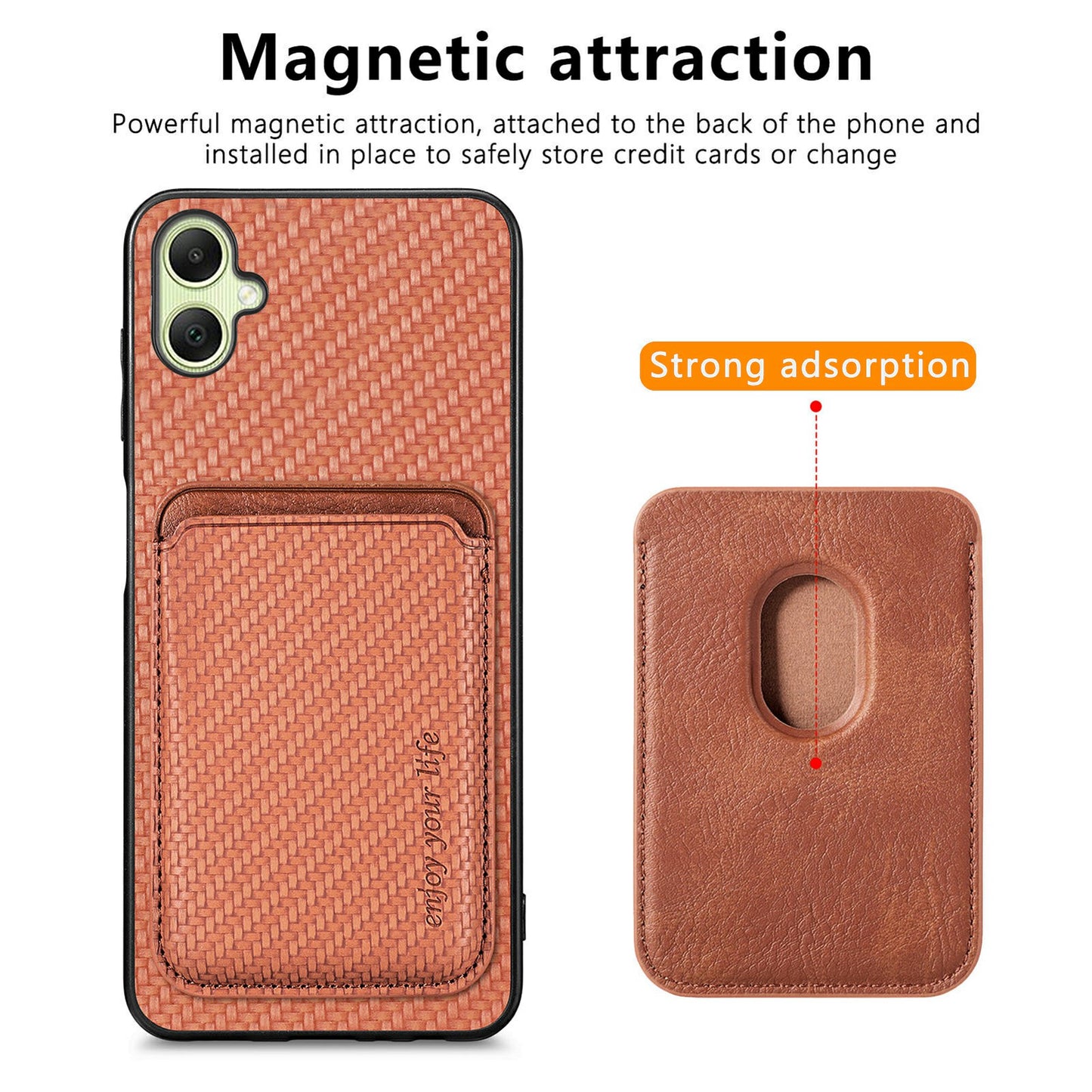For Samsung Galaxy A06 Case Carbon Fiber Leather Back Cover with Detachable Card Bag - Brown