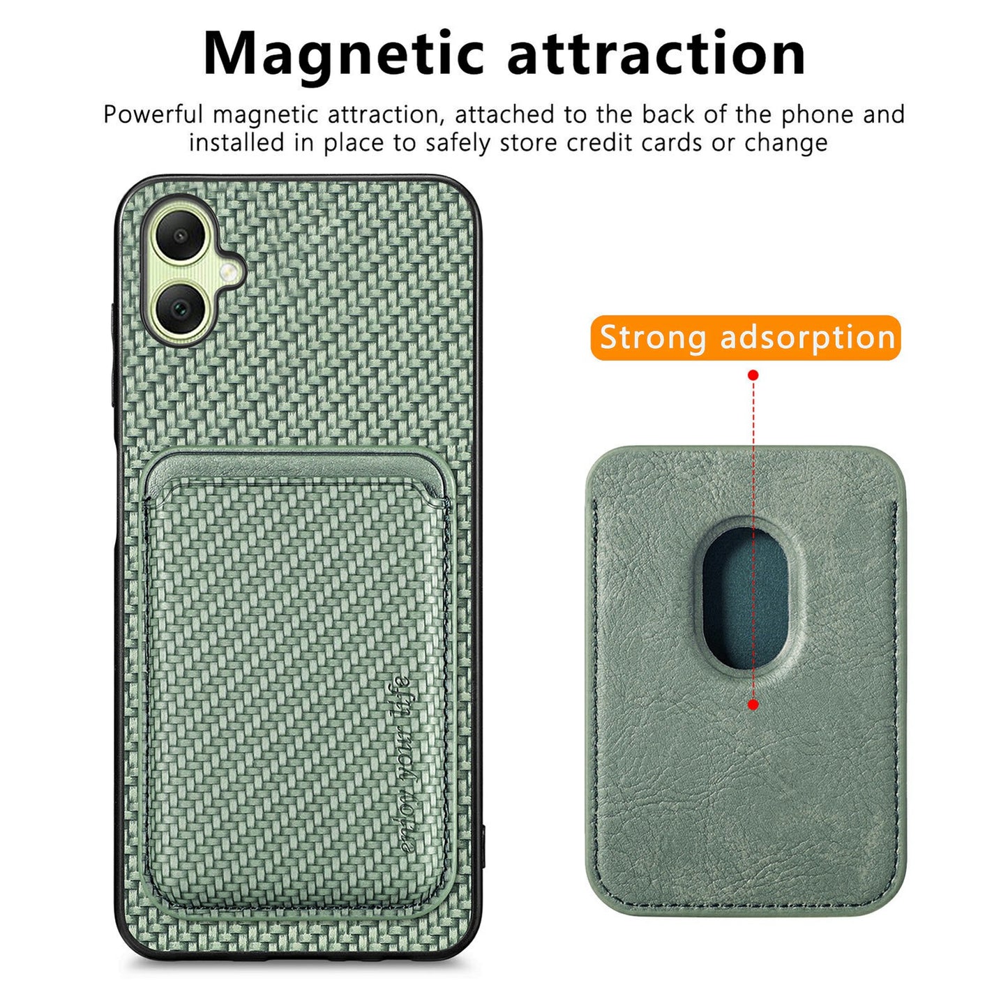 For Samsung Galaxy A06 Case Carbon Fiber Leather Back Cover with Detachable Card Bag - Green