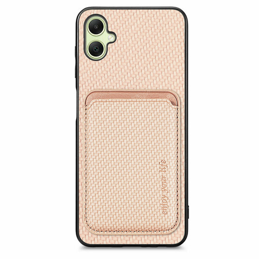 For Samsung Galaxy A06 Case Carbon Fiber Leather Back Cover with Detachable Card Bag - Apricot