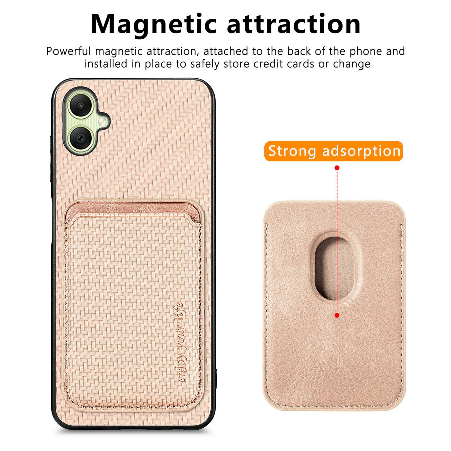For Samsung Galaxy A06 Case Carbon Fiber Leather Back Cover with Detachable Card Bag - Apricot