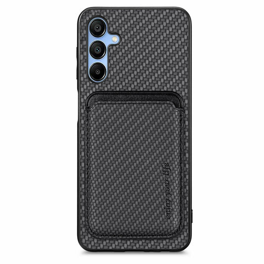 For Samsung Galaxy A16 4G / 5G Case Carbon Fiber Leather Back Cover with Detachable Card Bag - Black