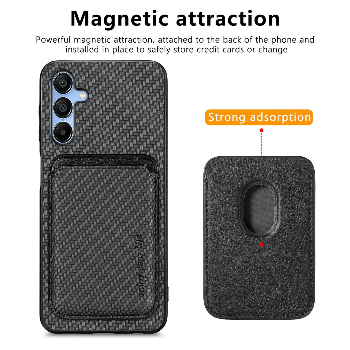 For Samsung Galaxy A16 4G / 5G Case Carbon Fiber Leather Back Cover with Detachable Card Bag - Black