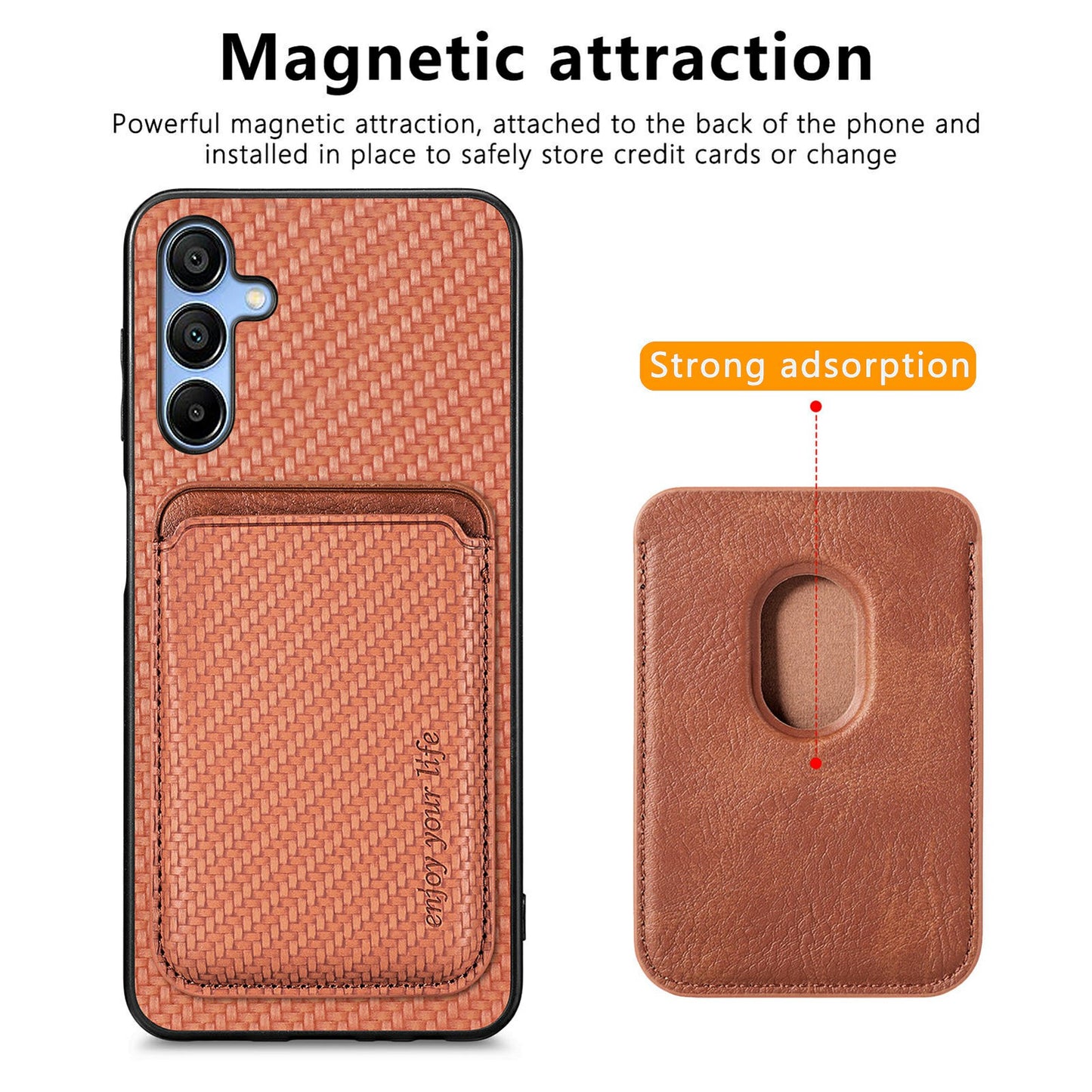 For Samsung Galaxy A16 4G / 5G Case Carbon Fiber Leather Back Cover with Detachable Card Bag - Brown