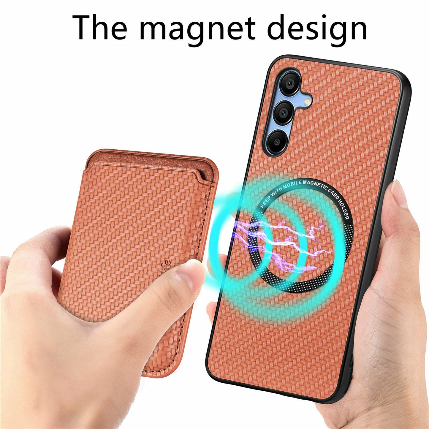 For Samsung Galaxy A16 4G / 5G Case Carbon Fiber Leather Back Cover with Detachable Card Bag - Brown