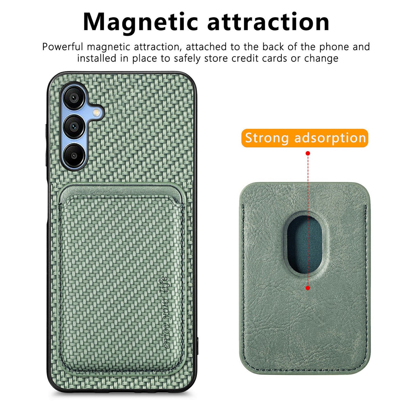 For Samsung Galaxy A16 4G / 5G Case Carbon Fiber Leather Back Cover with Detachable Card Bag - Green