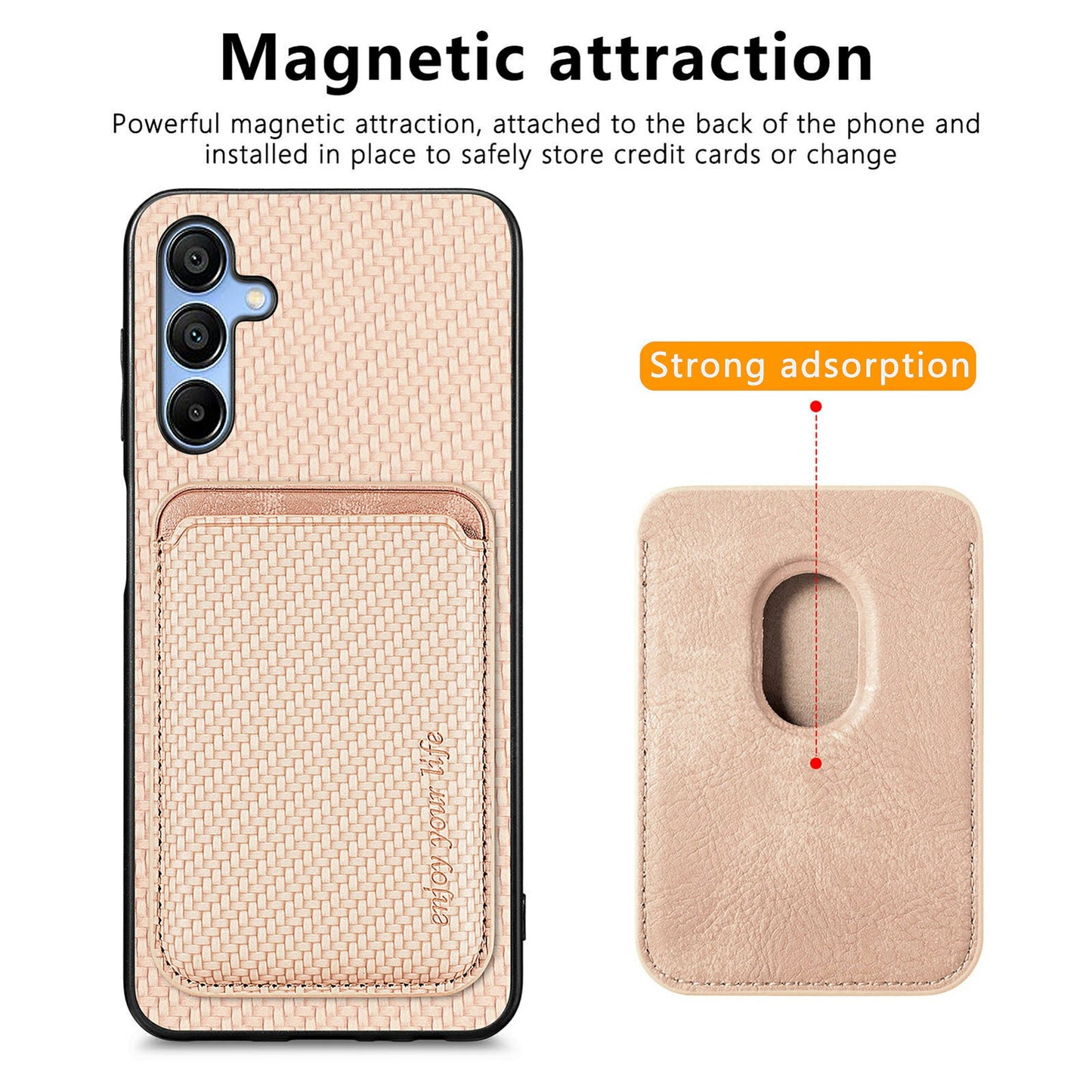 For Samsung Galaxy A16 4G / 5G Case Carbon Fiber Leather Back Cover with Detachable Card Bag - Apricot