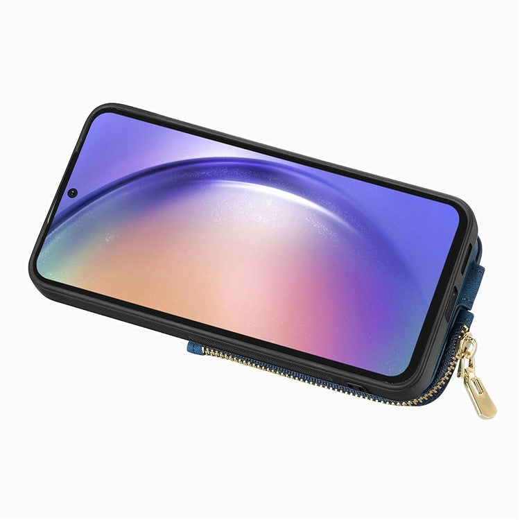For Samsung Galaxy A16 4G / 5G Case Zipper Pocket Kickstand Leather Phone Back Cover - Blue