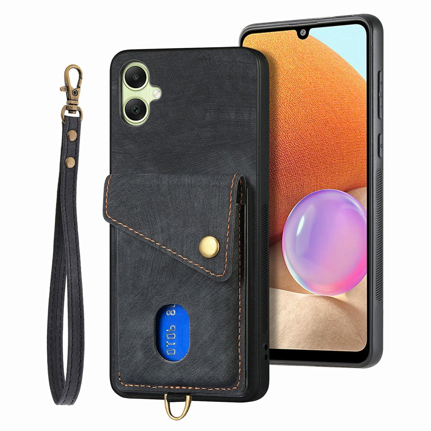 For Samsung Galaxy A06 Case with Card Slot Kickstand Leather TPU Phone Cover - Black