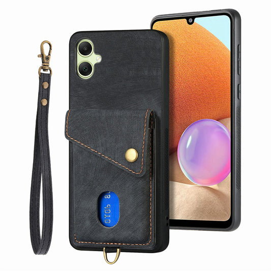 For Samsung Galaxy A06 Case with Card Slot Kickstand Leather TPU Phone Cover - Black