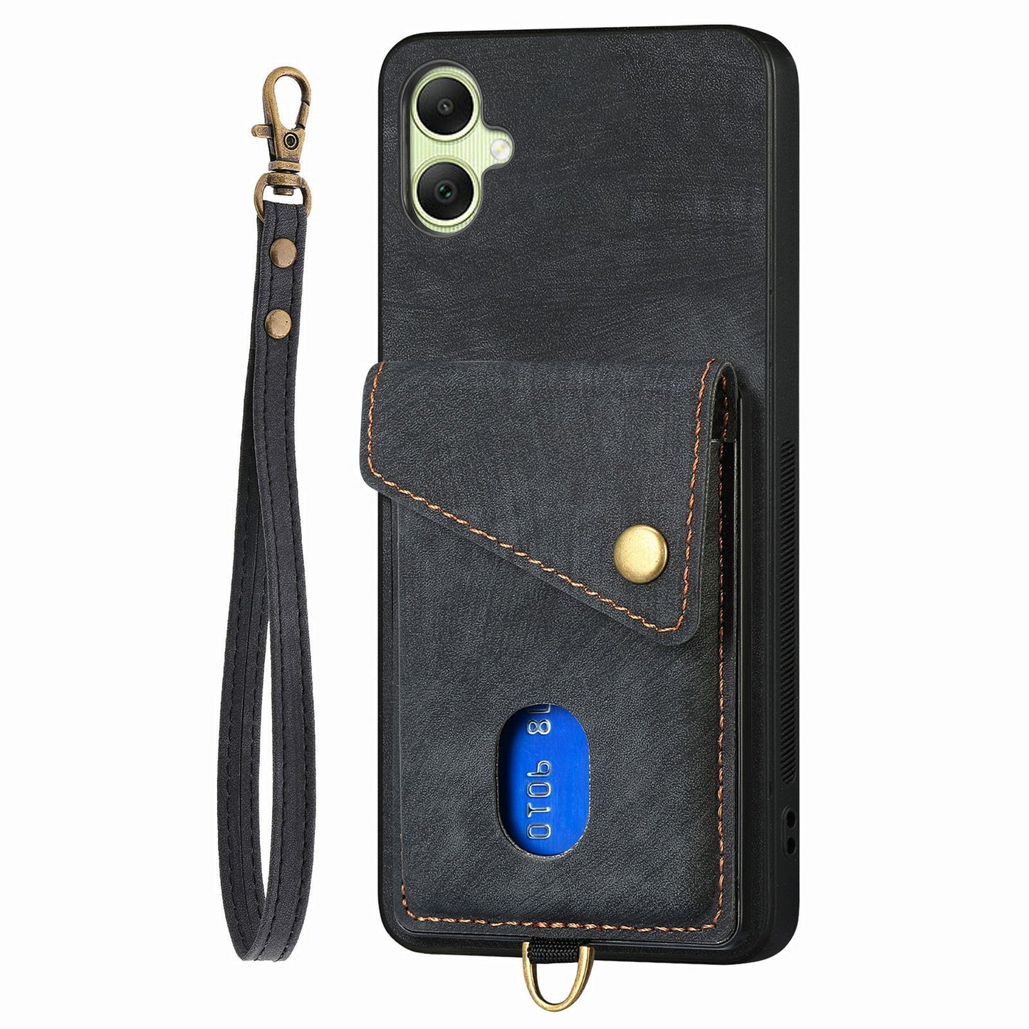 For Samsung Galaxy A06 Case with Card Slot Kickstand Leather TPU Phone Cover - Black