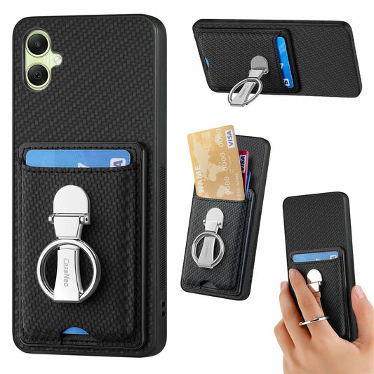 For Samsung Galaxy A06 Case Kickstand Leather Card Slots Back Cover Carbon Fiber Texture - Black