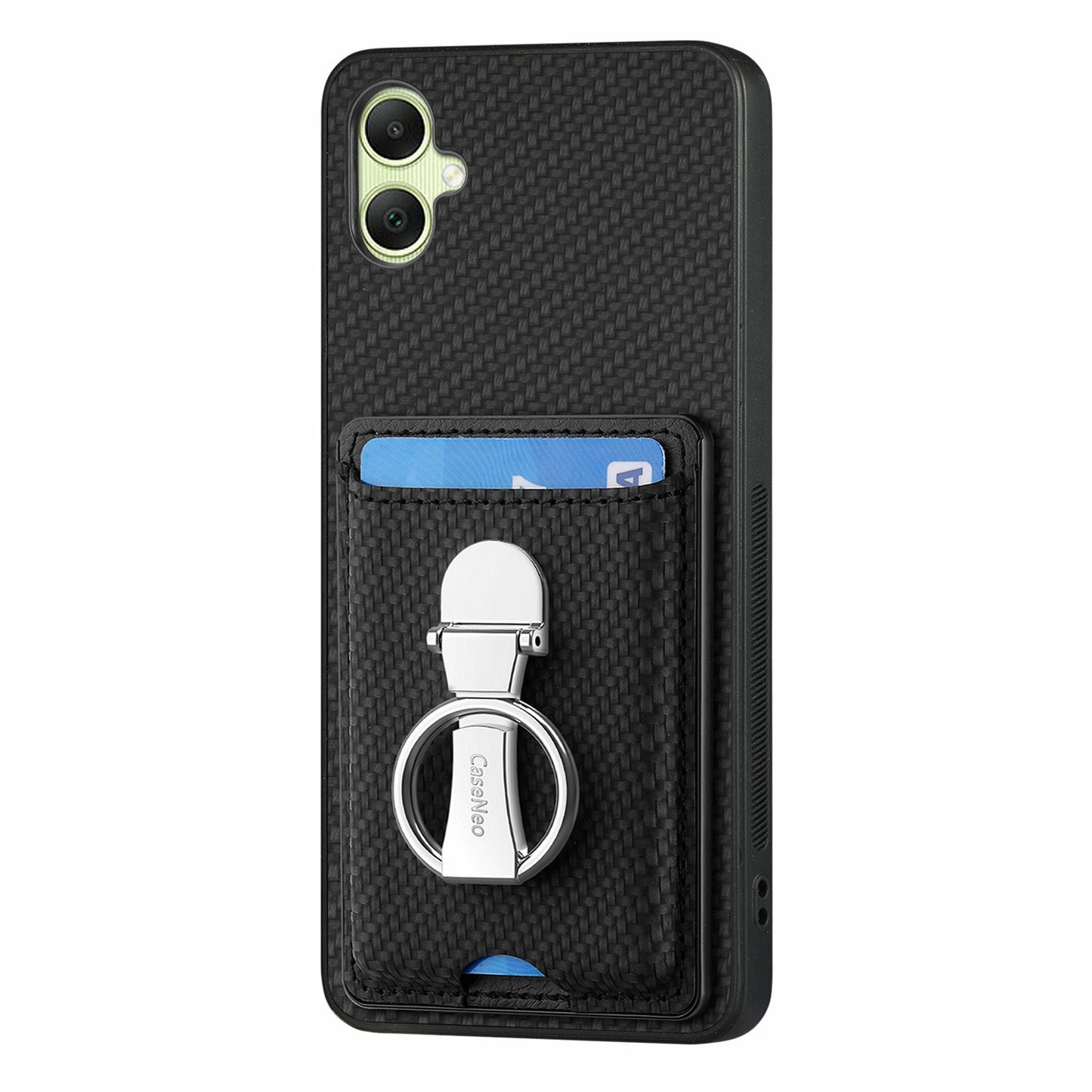 For Samsung Galaxy A06 Case Kickstand Leather Card Slots Back Cover Carbon Fiber Texture - Black