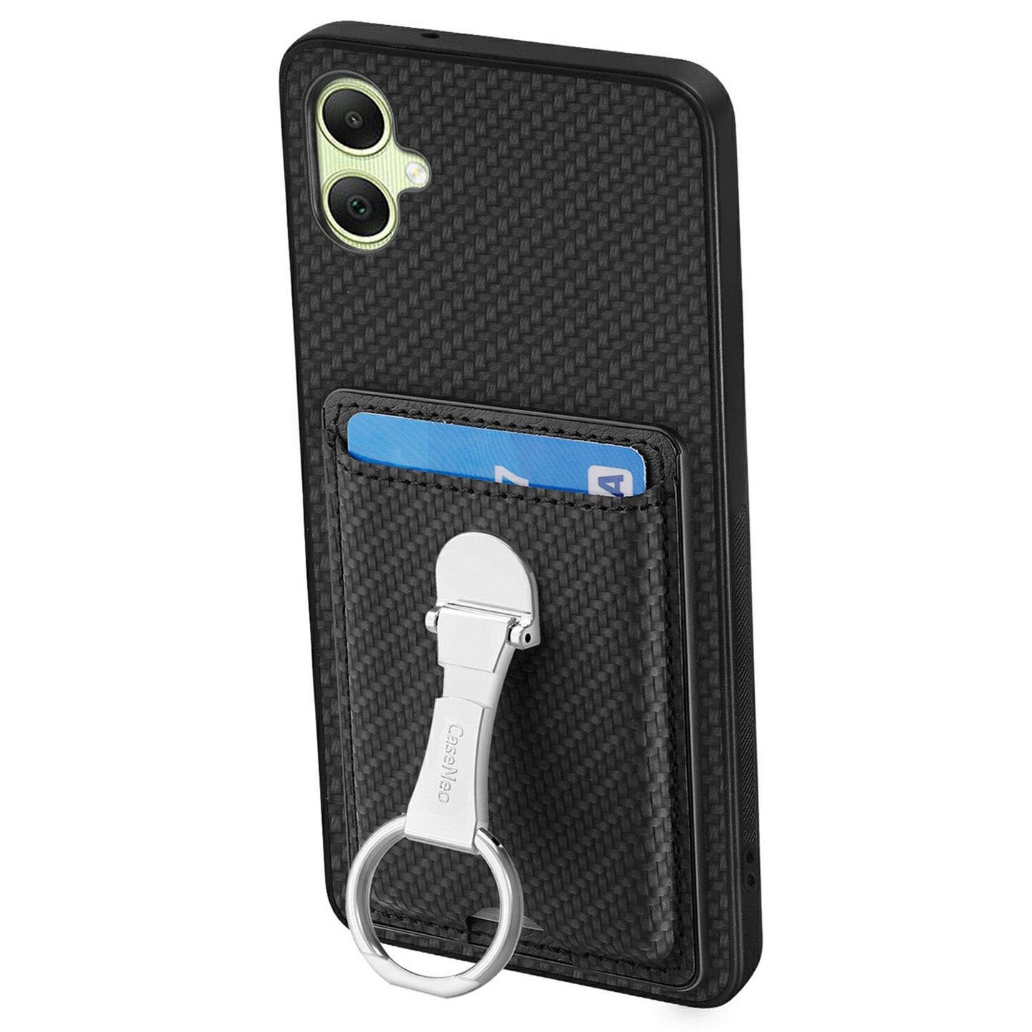 For Samsung Galaxy A06 Case Kickstand Leather Card Slots Back Cover Carbon Fiber Texture - Black
