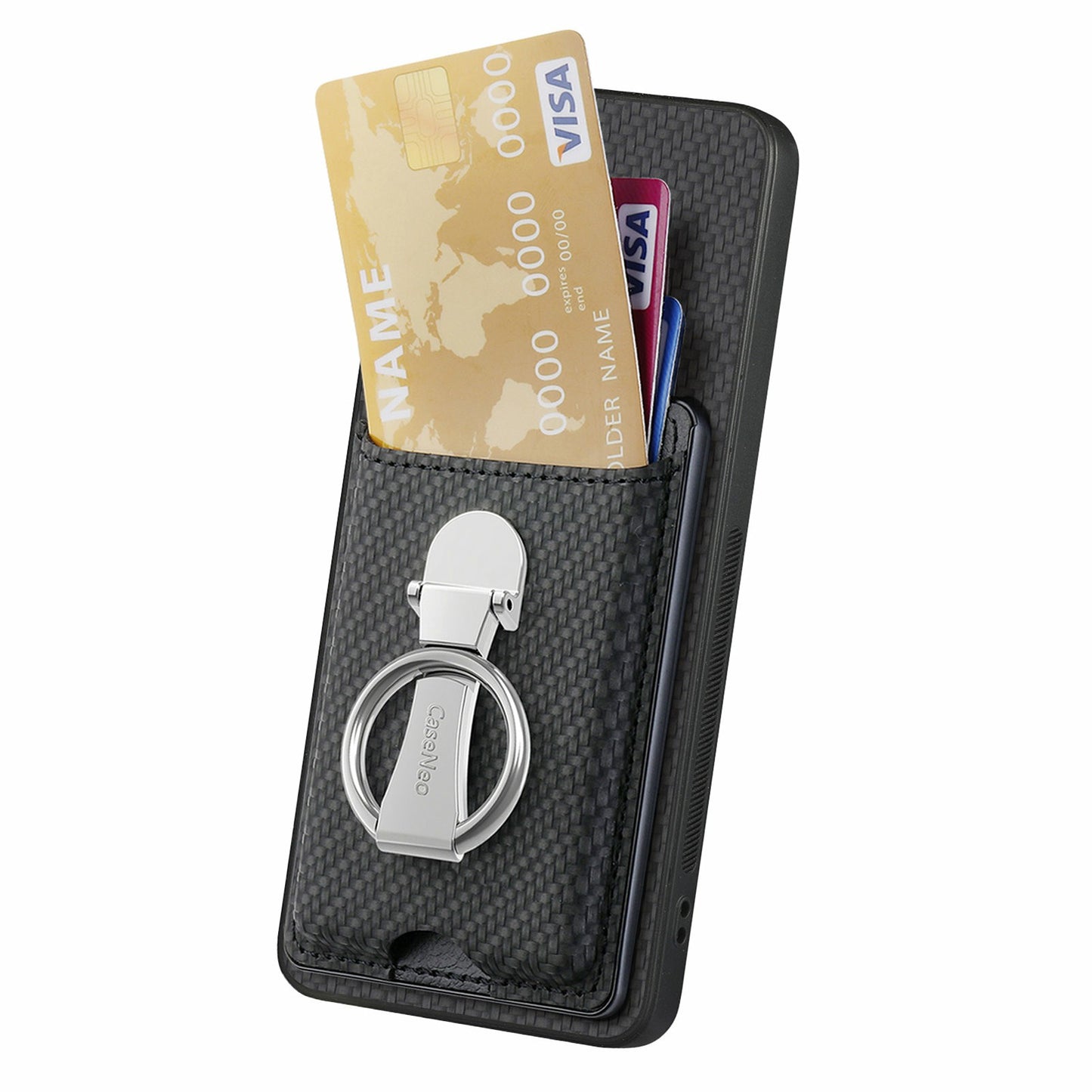For Samsung Galaxy A06 Case Kickstand Leather Card Slots Back Cover Carbon Fiber Texture - Black