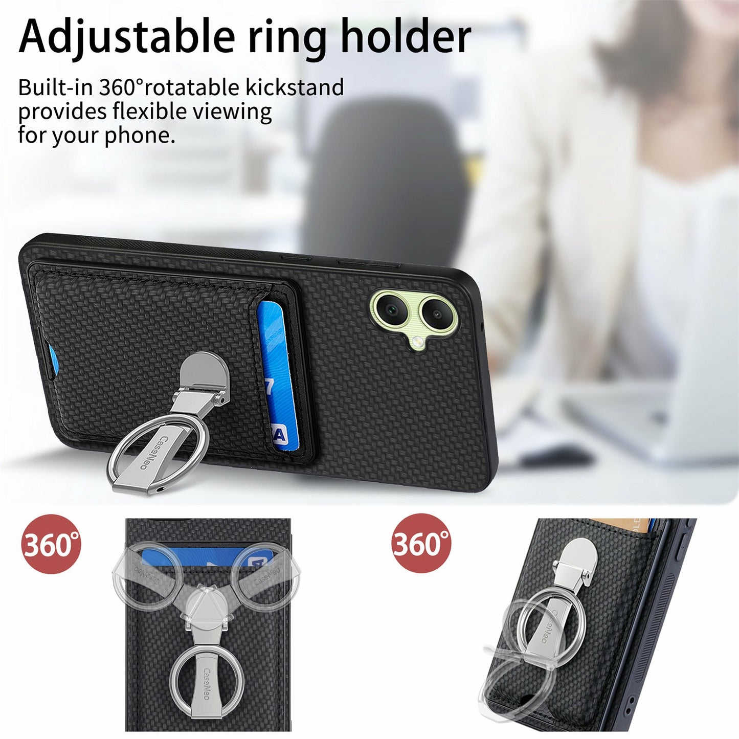 For Samsung Galaxy A06 Case Kickstand Leather Card Slots Back Cover Carbon Fiber Texture - Black