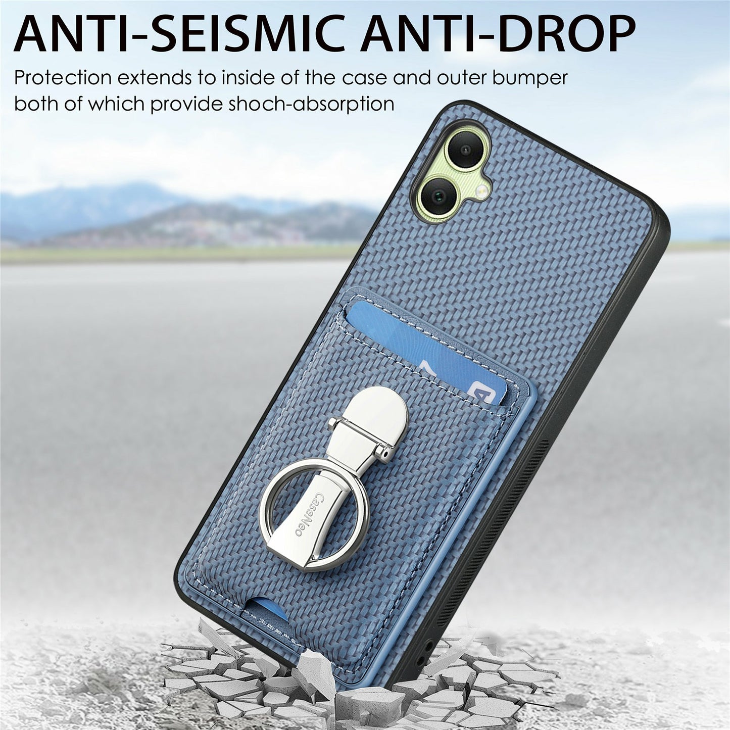 For Samsung Galaxy A06 Case Kickstand Leather Card Slots Back Cover Carbon Fiber Texture - Black