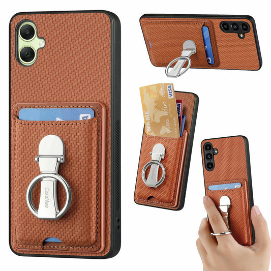 For Samsung Galaxy A06 Case Kickstand Leather Card Slots Back Cover Carbon Fiber Texture - Brown