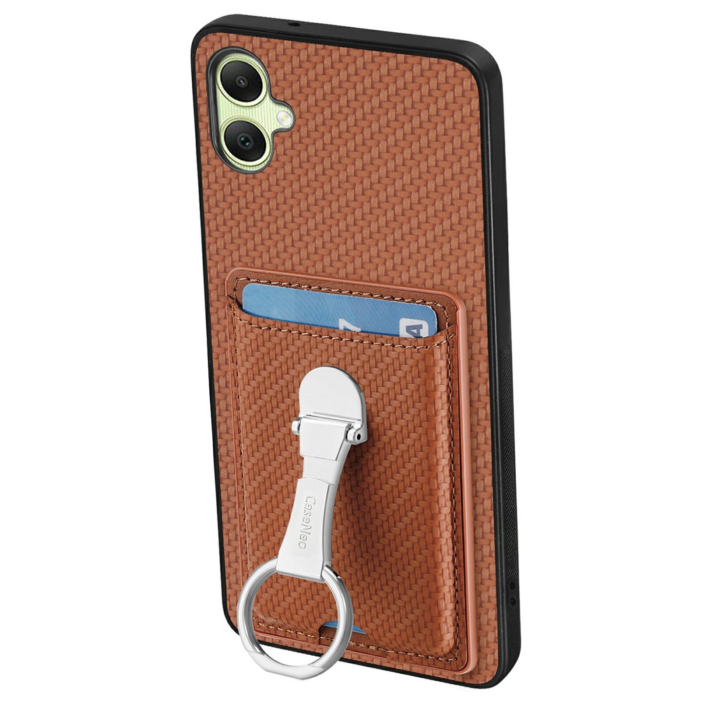 For Samsung Galaxy A06 Case Kickstand Leather Card Slots Back Cover Carbon Fiber Texture - Brown
