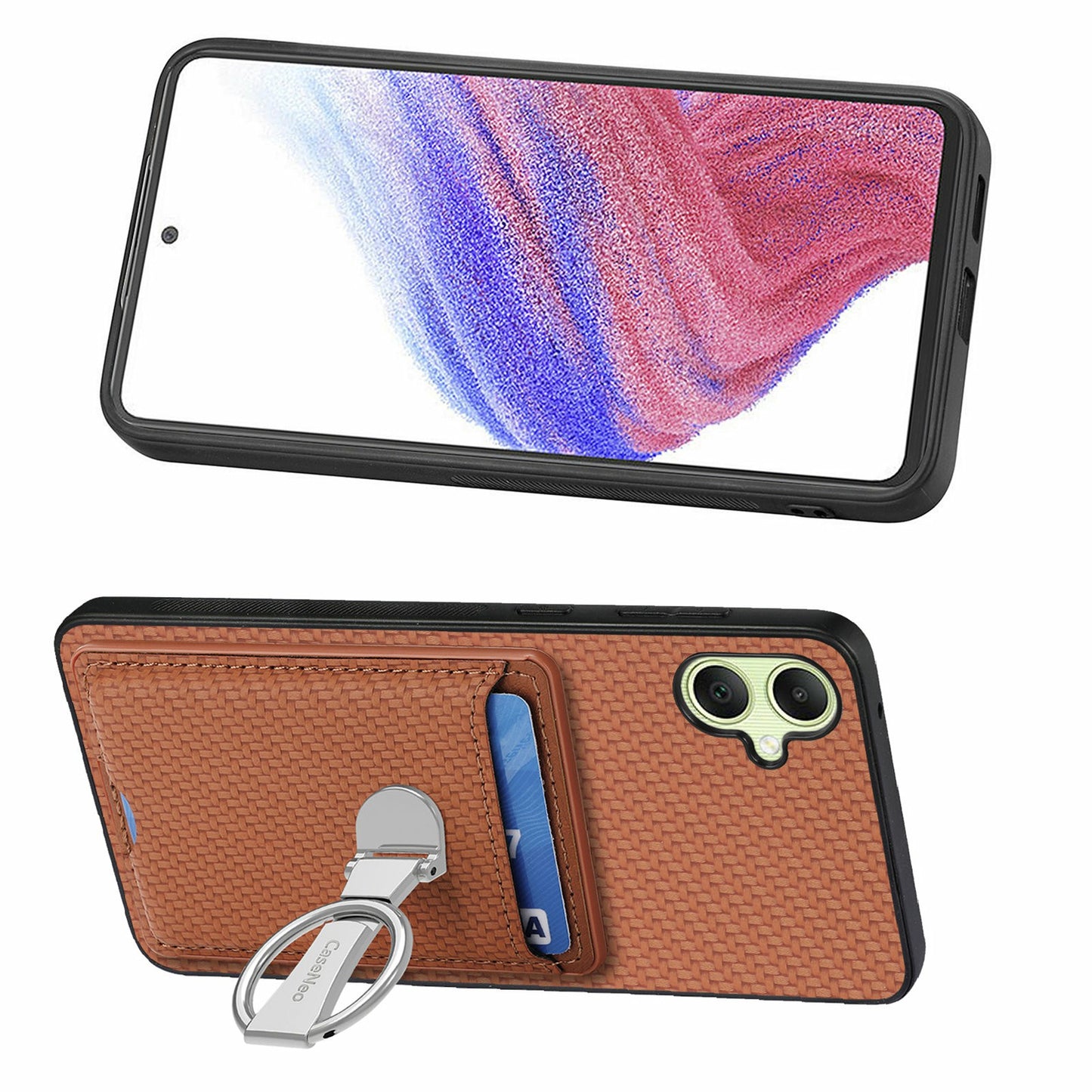 For Samsung Galaxy A06 Case Kickstand Leather Card Slots Back Cover Carbon Fiber Texture - Brown