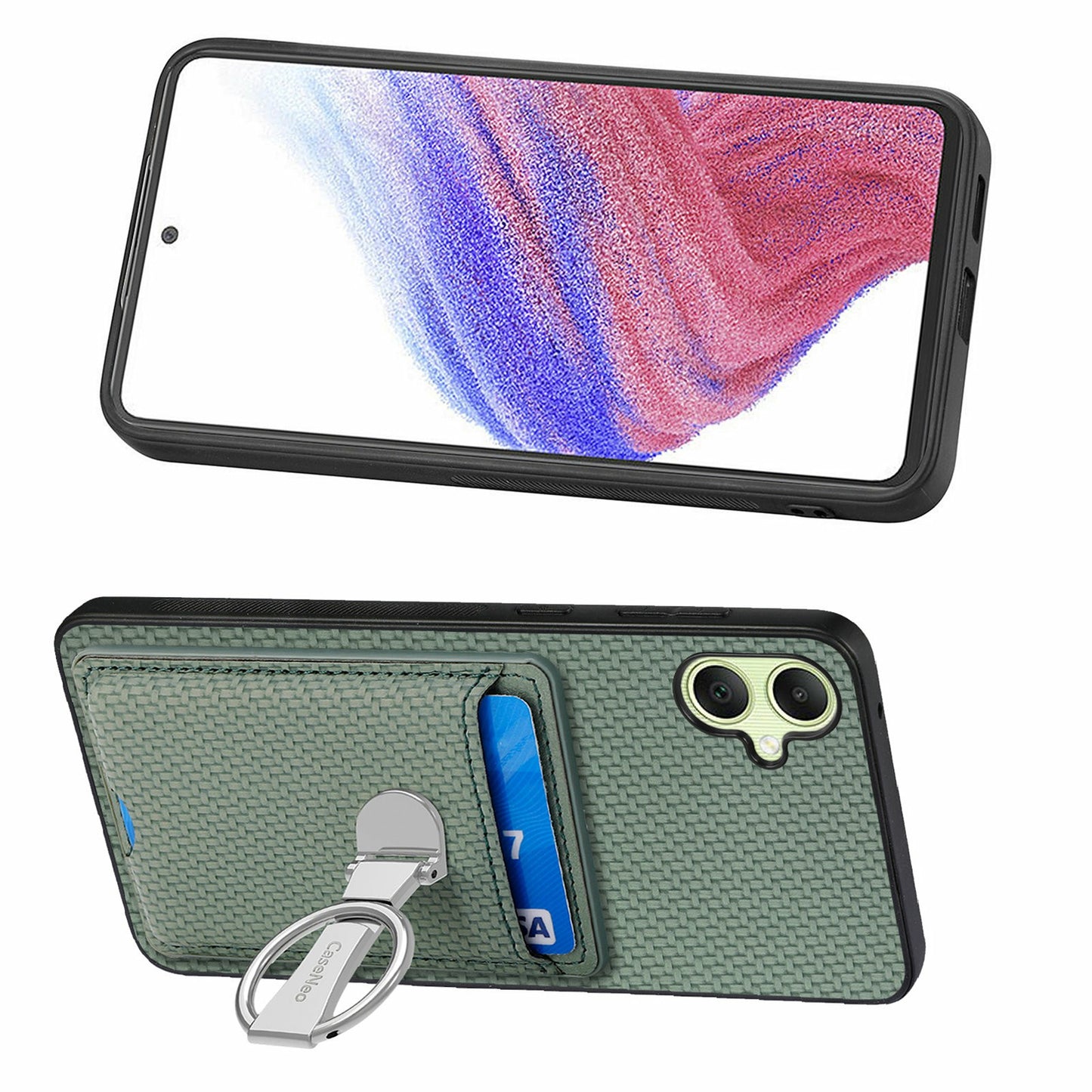 For Samsung Galaxy A06 Case Kickstand Leather Card Slots Back Cover Carbon Fiber Texture - Green