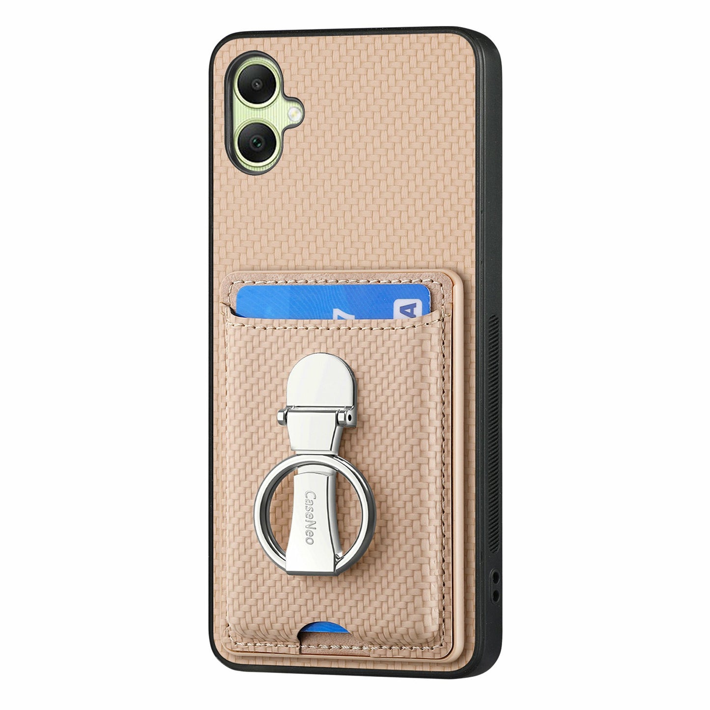 For Samsung Galaxy A06 Case Kickstand Leather Card Slots Back Cover Carbon Fiber Texture - Khaki