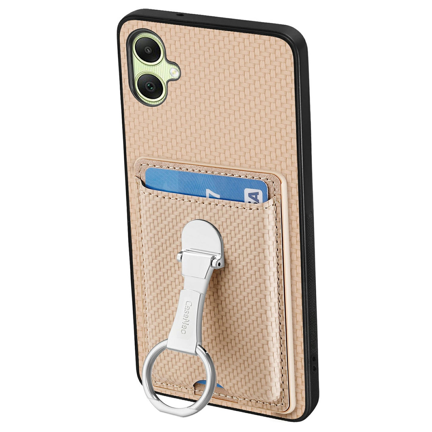 For Samsung Galaxy A06 Case Kickstand Leather Card Slots Back Cover Carbon Fiber Texture - Khaki