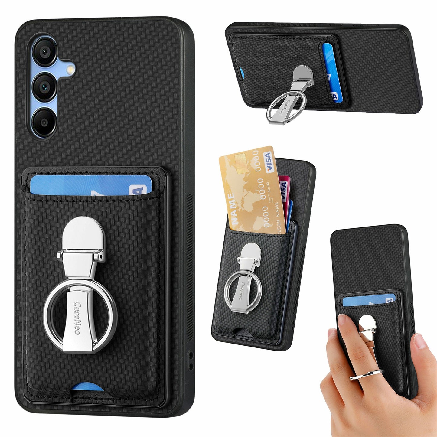 For Samsung Galaxy A16 4G / 5G Case Kickstand Leather Card Slots Back Cover Carbon Fiber Texture - Black