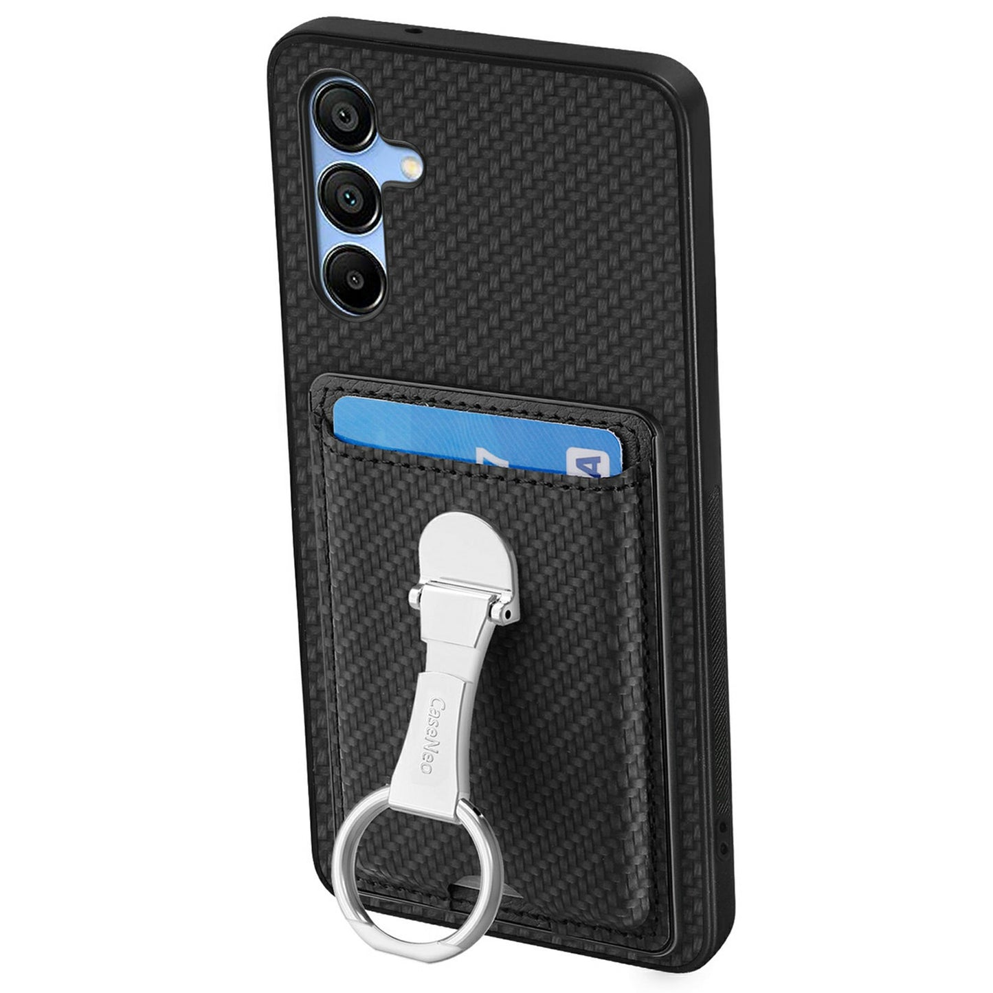 For Samsung Galaxy A16 4G / 5G Case Kickstand Leather Card Slots Back Cover Carbon Fiber Texture - Black
