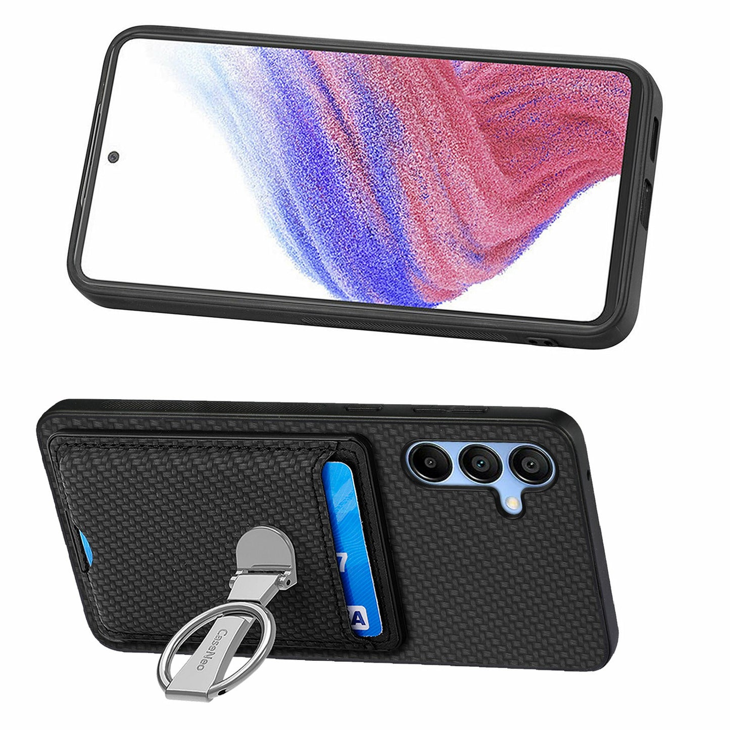For Samsung Galaxy A16 4G / 5G Case Kickstand Leather Card Slots Back Cover Carbon Fiber Texture - Black