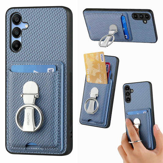 For Samsung Galaxy A16 4G / 5G Case Kickstand Leather Card Slots Back Cover Carbon Fiber Texture - Blue