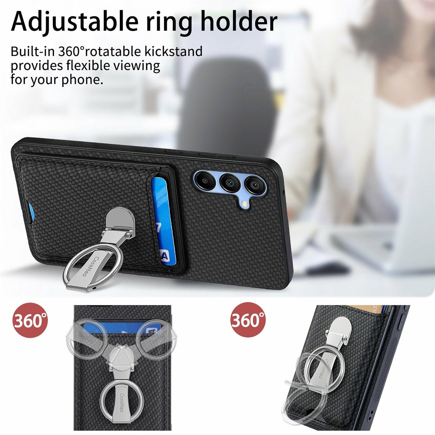 For Samsung Galaxy A16 4G / 5G Case Kickstand Leather Card Slots Back Cover Carbon Fiber Texture - Blue