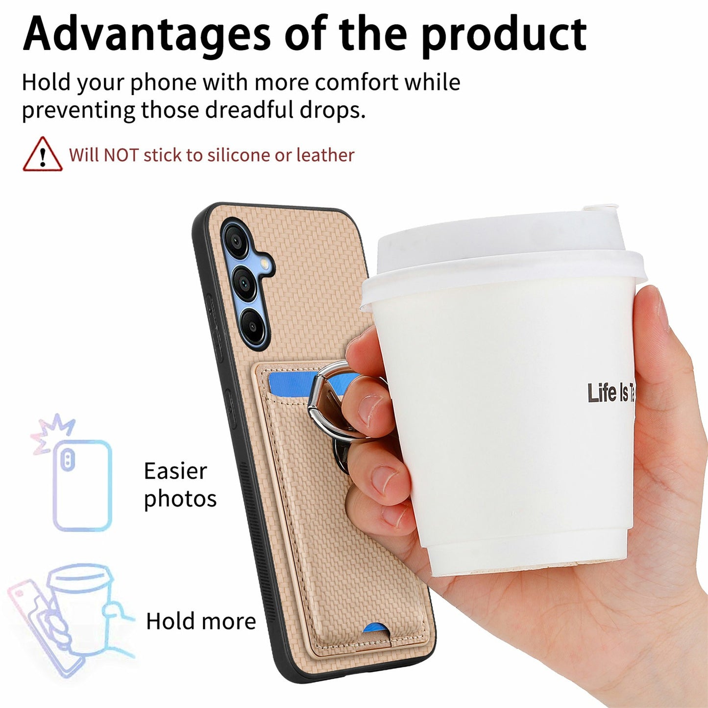 For Samsung Galaxy A16 4G / 5G Case Kickstand Leather Card Slots Back Cover Carbon Fiber Texture - Brown