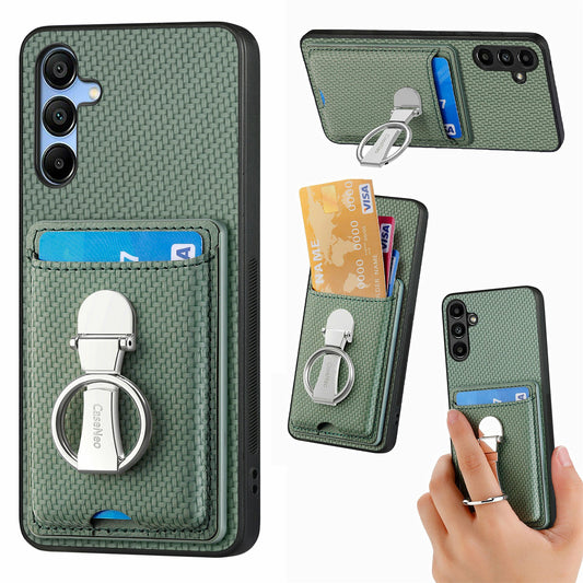 For Samsung Galaxy A16 4G / 5G Case Kickstand Leather Card Slots Back Cover Carbon Fiber Texture - Green
