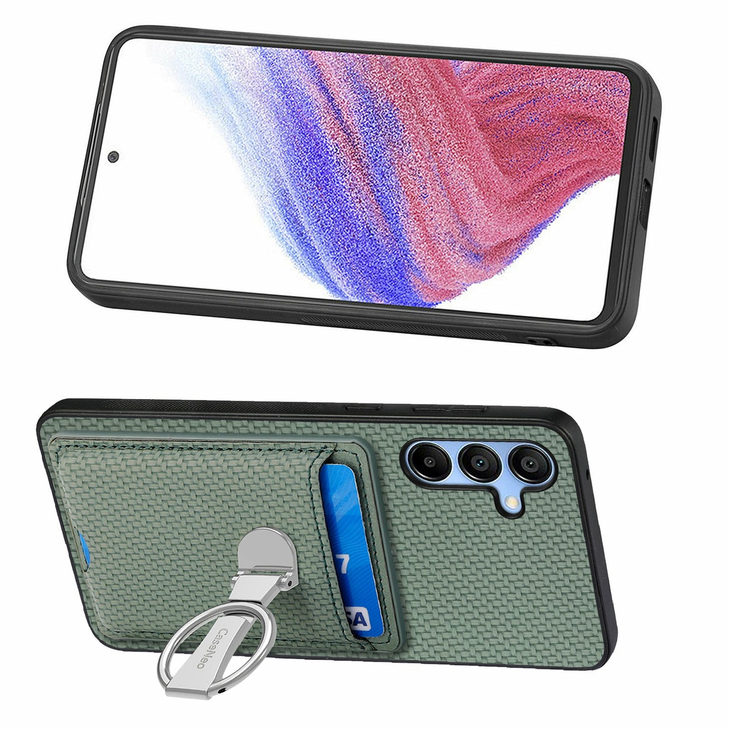 For Samsung Galaxy A16 4G / 5G Case Kickstand Leather Card Slots Back Cover Carbon Fiber Texture - Green
