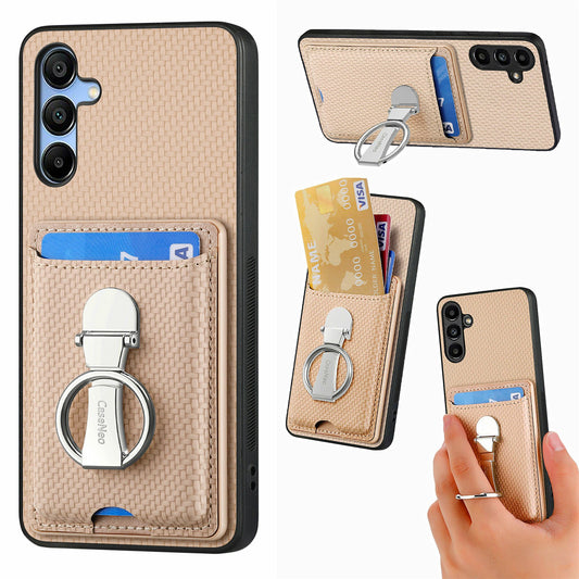 For Samsung Galaxy A16 4G / 5G Case Kickstand Leather Card Slots Back Cover Carbon Fiber Texture - Khaki