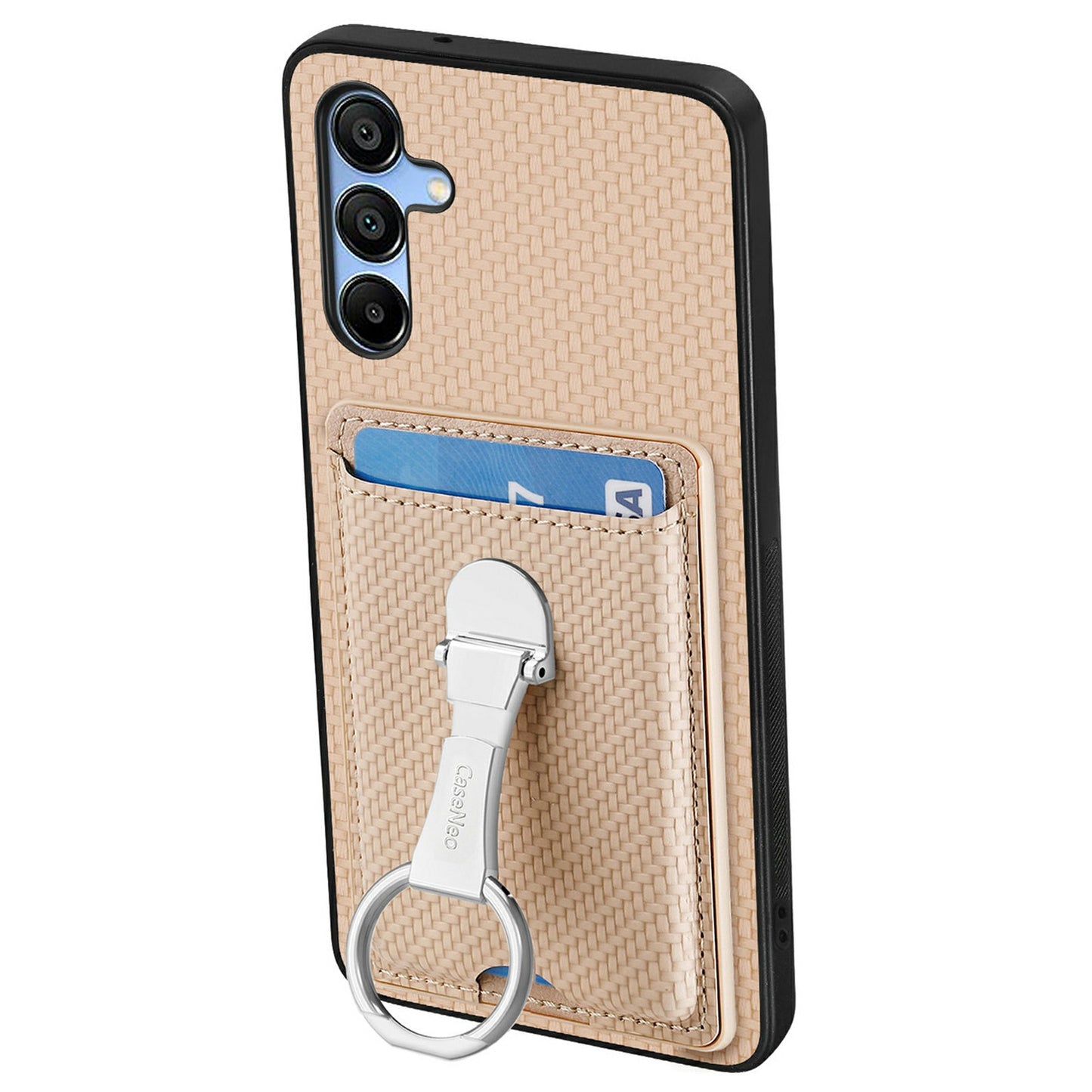 For Samsung Galaxy A16 4G / 5G Case Kickstand Leather Card Slots Back Cover Carbon Fiber Texture - Khaki